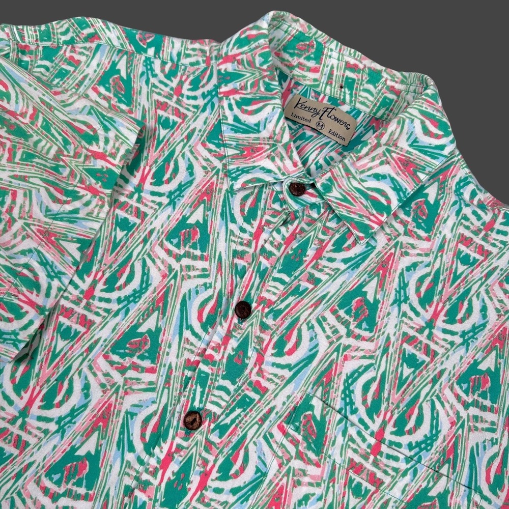 Kenny Flowers Button Up Shirt Mens Medium Green Pink Geometric Rayon Limited Ed
